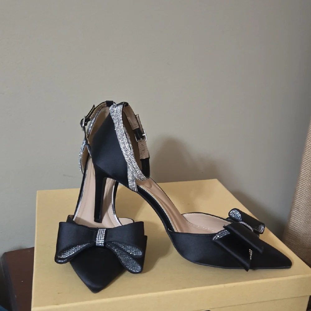 Kelly & Katie Black Satin Heels with Glittering Bow Size 11M - Picture 1 of 10